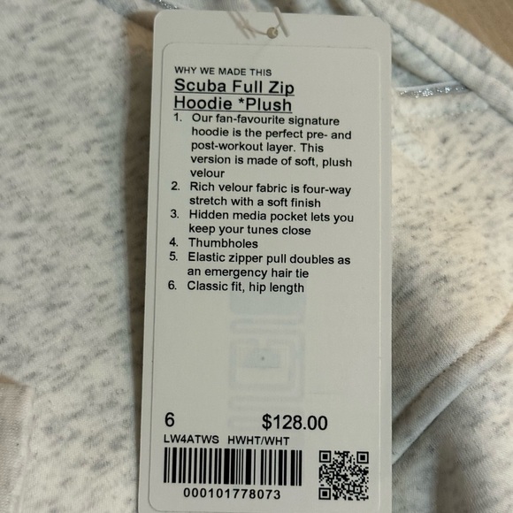 NWT LuLuLemon Scuba Hoodie Full Zip Plush in Heathered White Size 6 - Picture 7 of 9